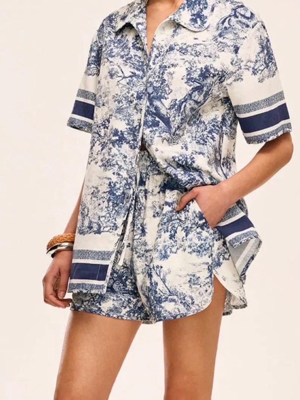 Commense TOILE Blue and White Printed Short-Sleeve Button-Down SET